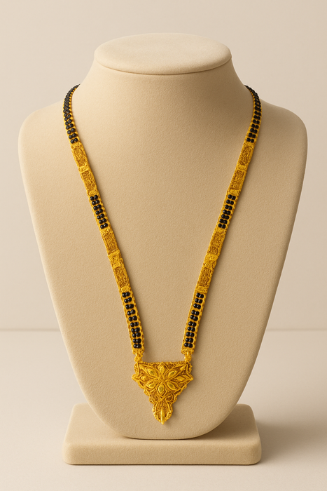 Gold‑Plated Black Bead Mangalsutra with Floral Pendant | Traditional Designer Jewelry