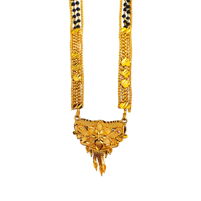Gold‑Plated Black Bead Mangalsutra with Floral Pendant | Traditional Designer Jewelry