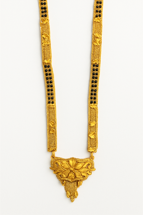 Gold‑Plated Black Bead Mangalsutra with Floral Pendant | Traditional Designer Jewelry