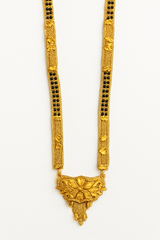 Gold‑Plated Black Bead Mangalsutra with Floral Pendant | Traditional Designer Jewelry