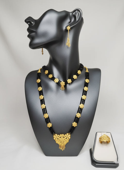 Antique Gold Finish Dual Mangalsutra Set with Earring and Finger Ring Wedding & Party Wear