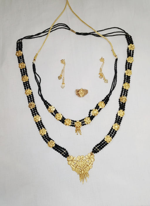 Antique Gold Finish Dual Mangalsutra Set with Earring and Finger Ring Wedding & Party Wear