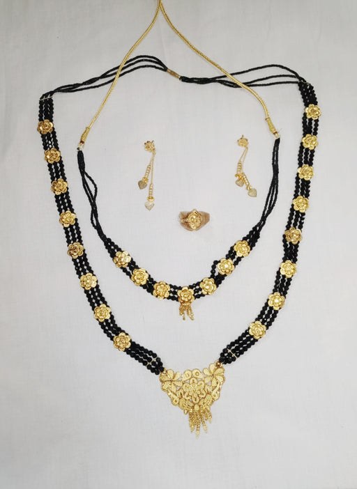 Antique Gold Finish Dual Mangalsutra Set with Earring and Finger Ring Wedding & Party Wear
