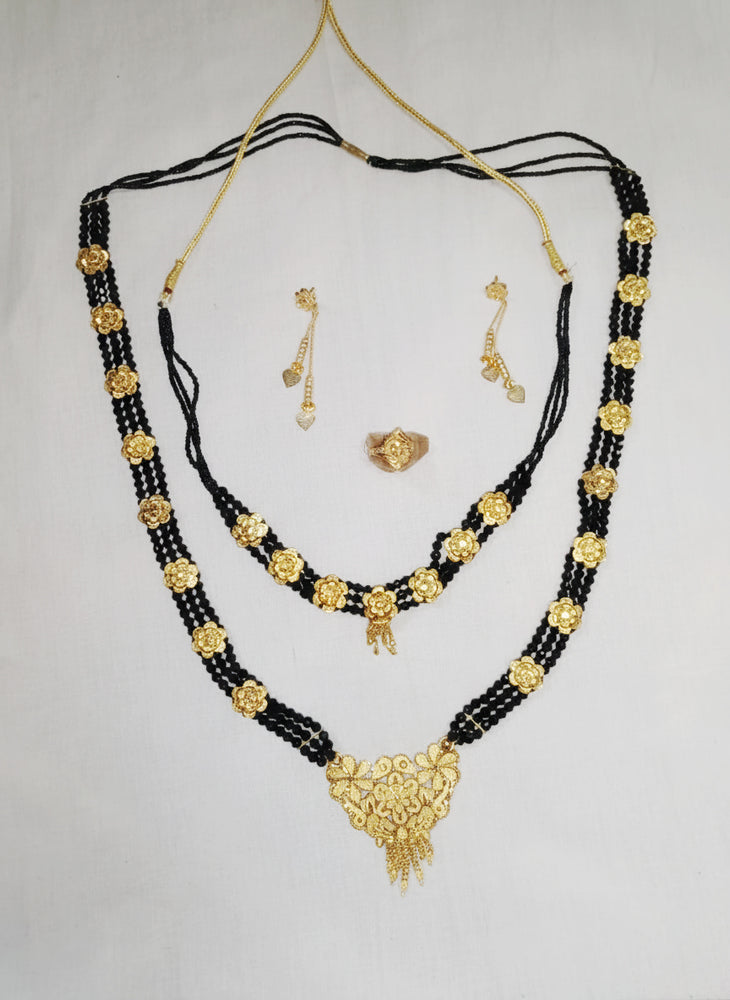 Antique Gold Finish Dual Mangalsutra Set with Earring and Finger Ring Wedding & Party Wear